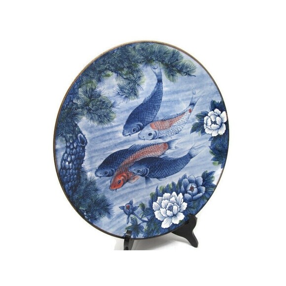 Sun Ceramics Koi Fish Round Platter 12.5" Blue Lotus Flower  Excellent - Picture 3 of 12